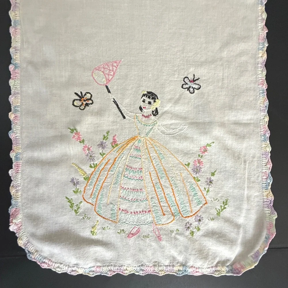 Vintage Hand Embroidered Linen Table Runner Girl Butterfly Pastel Crochet Edge